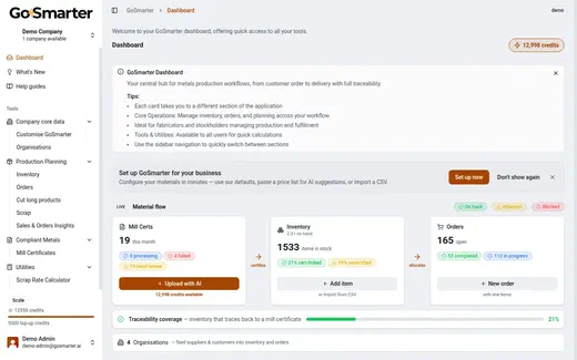GoSmarter dashboard showing live material flow across mill certs, inventory, and orders in one view