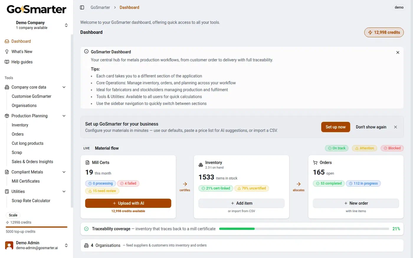 GoSmarter dashboard showing live material flow across mill certs, inventory, and orders in one view