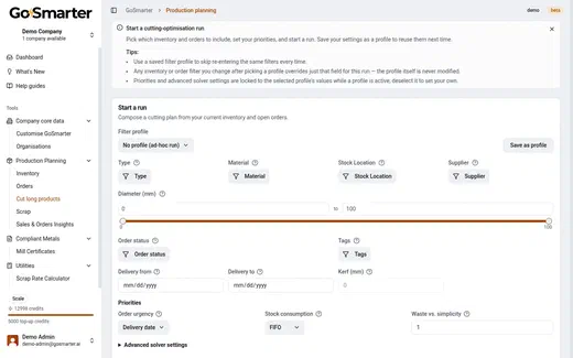 GoSmarter Cutting Plans run setup showing filters, priorities, and solver settings for a new optimisation