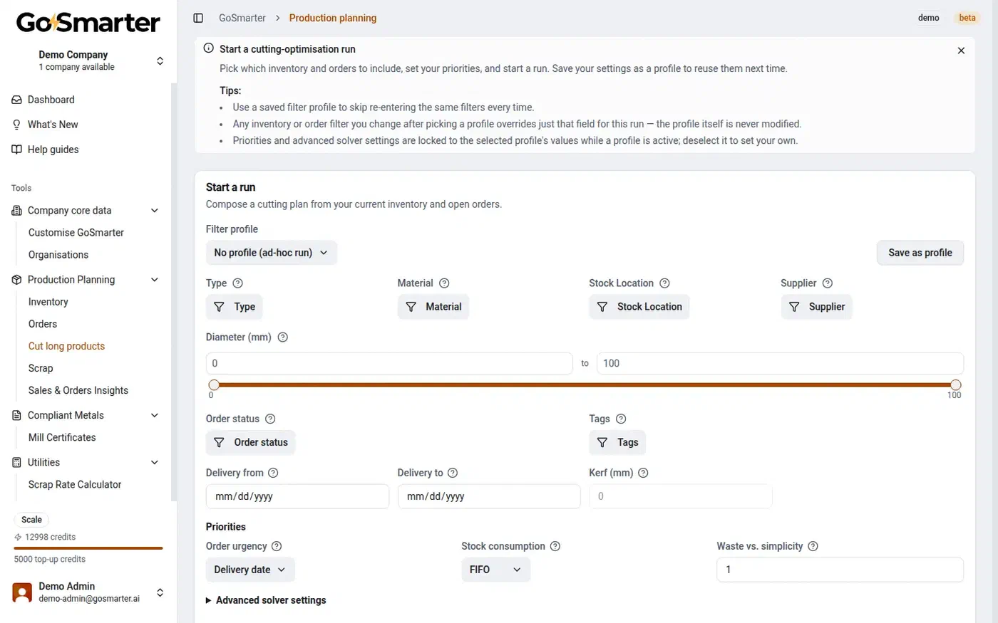 GoSmarter Cutting Plans run setup showing filters, priorities, and solver settings for a new optimisation